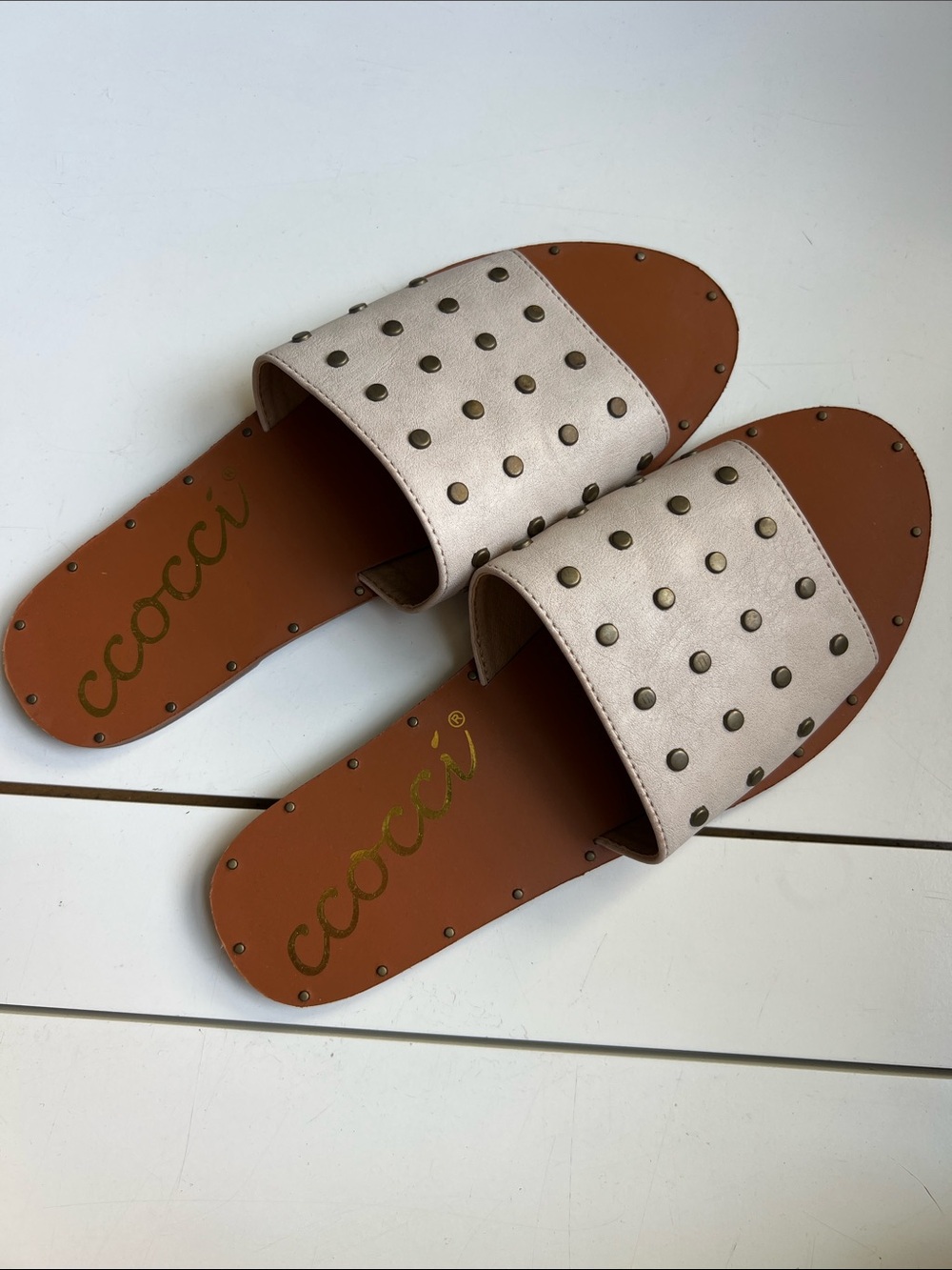 CCOCCI Champagne Metallic Stud Slide Sandals with Tan Footbed